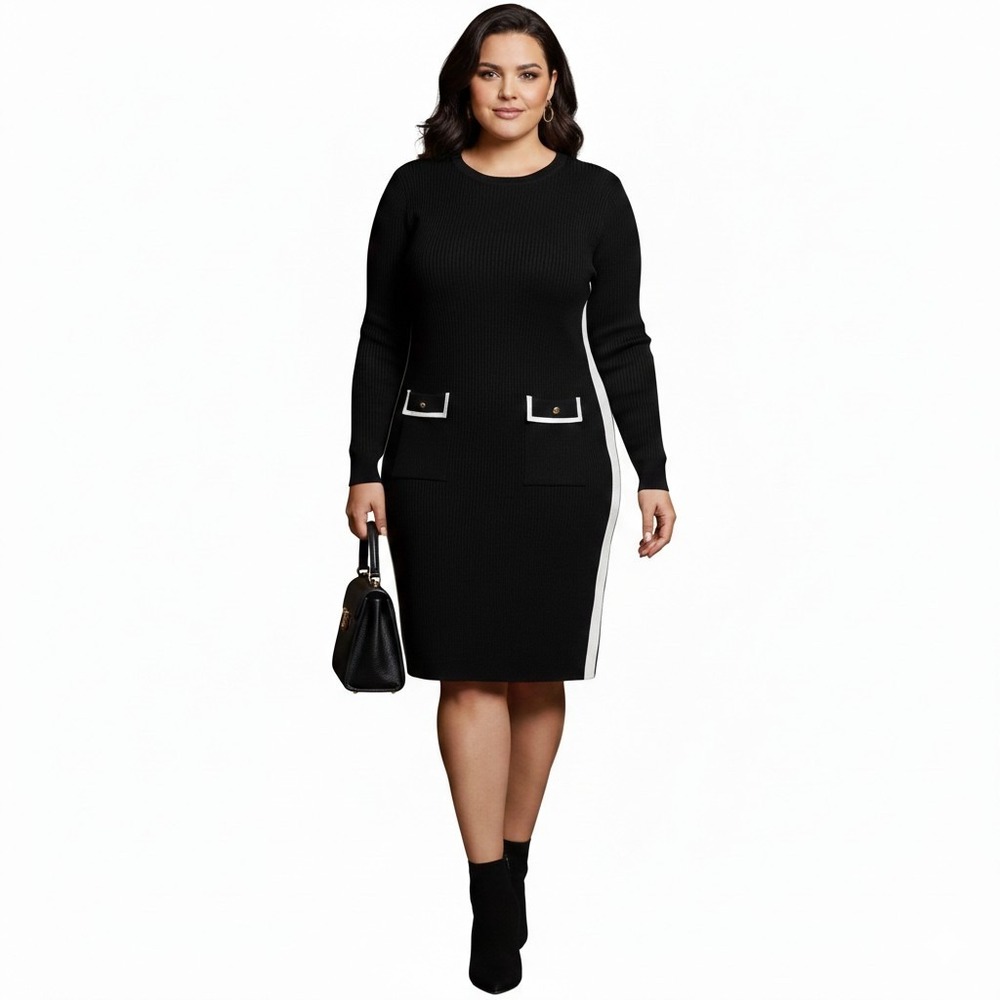 DKNY Sheath Dress Womens XL Black Colorblock Knit Long Sleeve Faux Pockets